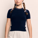 CONTRAST HALF SLEEVE FINEYARN SWEATER TOP