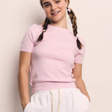 CONTRAST HALF SLEEVE FINEYARN SWEATER TOP