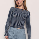 COTTON SPAN BACKLESS STRIPED LONG SLEEVE T SHIRT