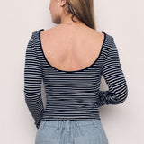 COTTON SPAN BACKLESS STRIPED LONG SLEEVE T SHIRT
