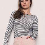 COTTON SPAN BACKLESS STRIPED LONG SLEEVE T SHIRT