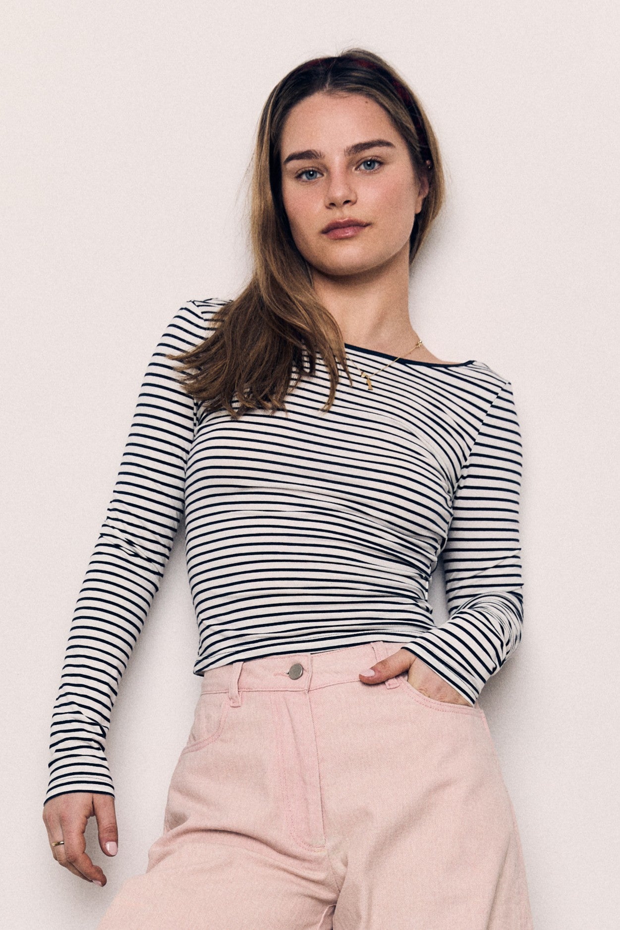 Cotton Span Backless Stripped Long Sleeve T Shirt