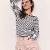 COTTON SPAN BACKLESS STRIPED LONG SLEEVE T SHIRT