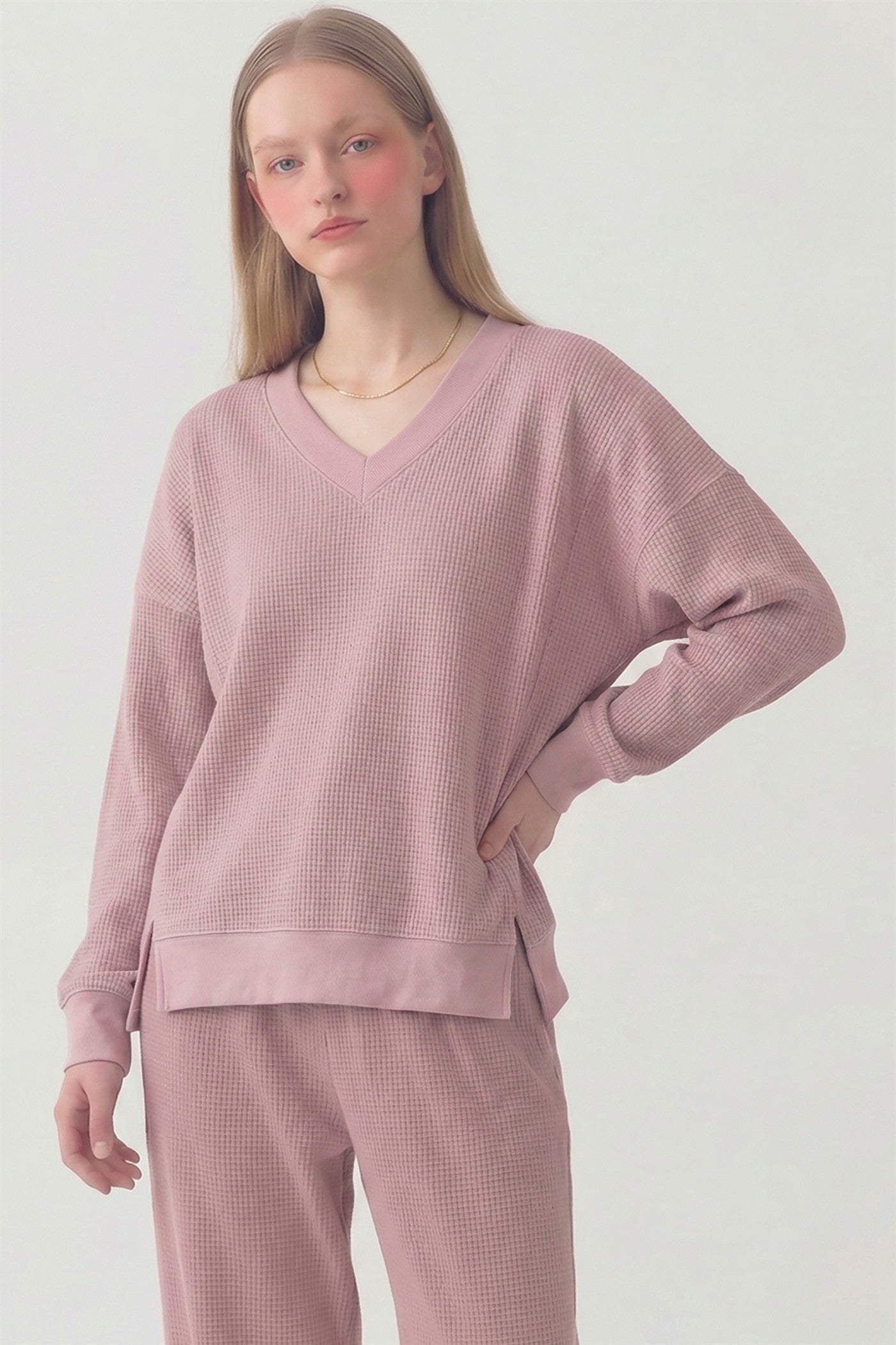 SOFT WAFFLE V NECK OVERSIZED SWEATSHIRT