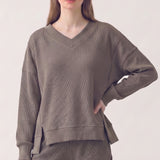 SOFT WAFFLE V NECK OVERSIZED SWEATSHIRT