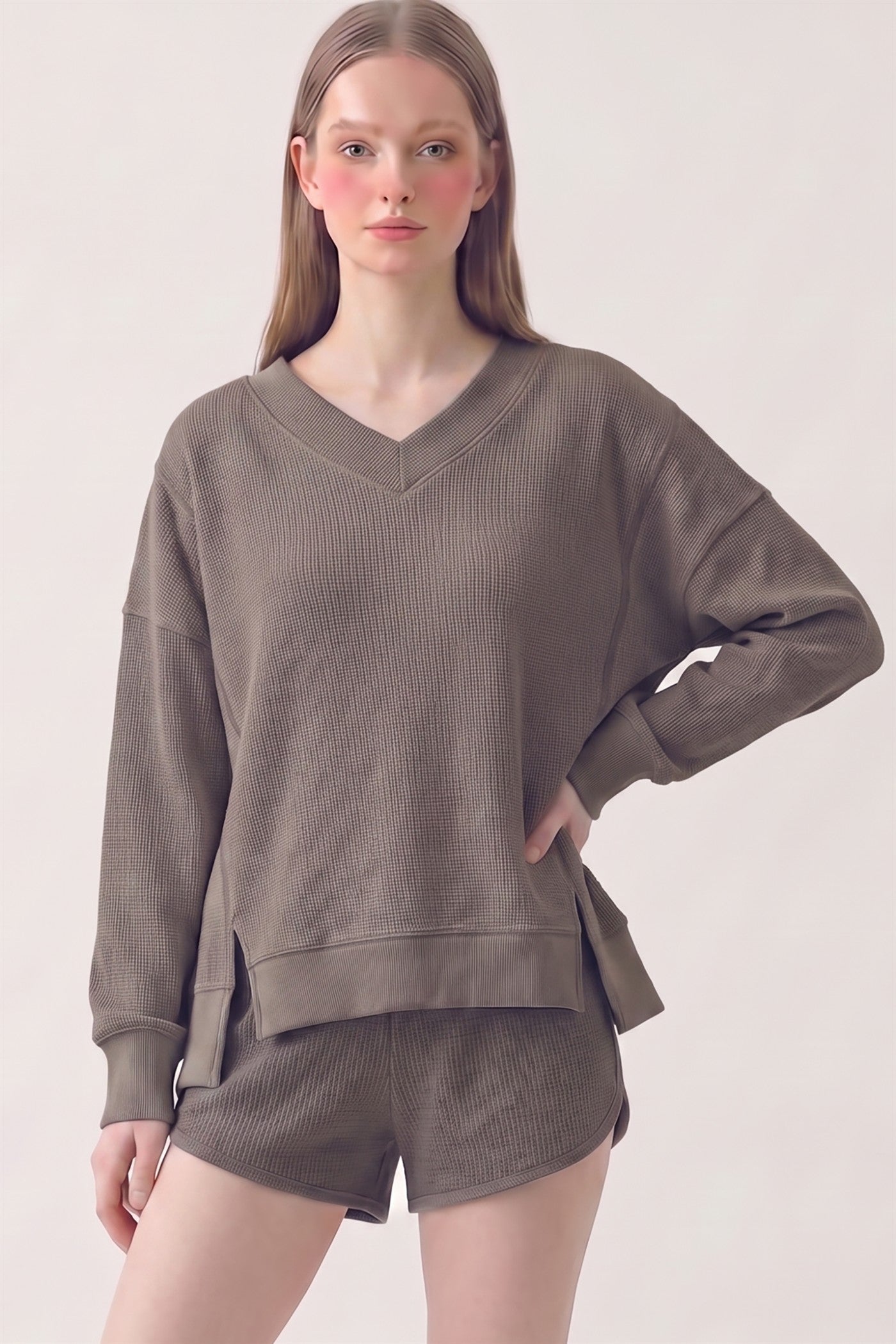 SOFT WAFFLE V NECK OVERSIZED SWEATSHIRT
