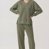 SOFT WAFFLE V NECK OVERSIZED SWEATSHIRT