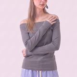 Cotton Stretch Off Shoulder Long Sleeve T-Shirt