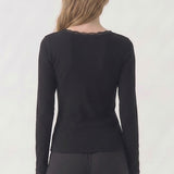 Lace Trim V-Neck Slim Long Sleeve Top