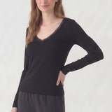 Lace Trim V-Neck Slim Long Sleeve Top