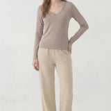 Lace Trim V-Neck Slim Long Sleeve Top