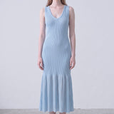 Deep V-Neck Ribbed Knit Sleeveless Midi Dress