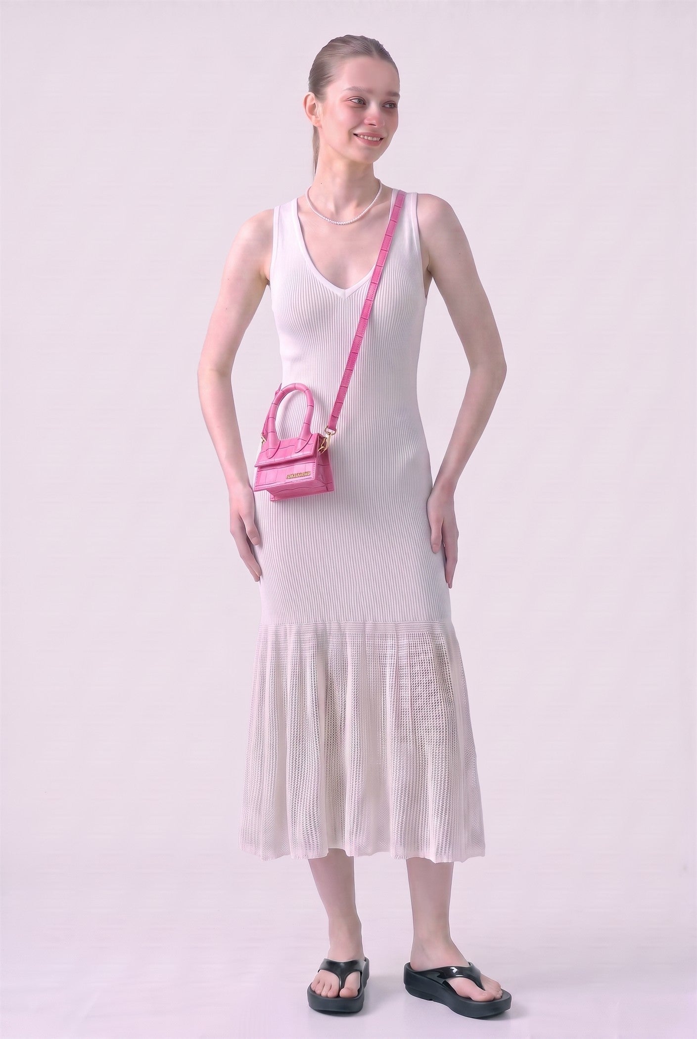 Deep V-Neck Ribbed Knit Sleeveless Midi Dress