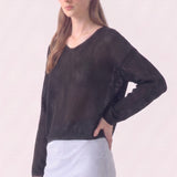 Cotton Open Knit V-Neck Bell Sleeve Sweater