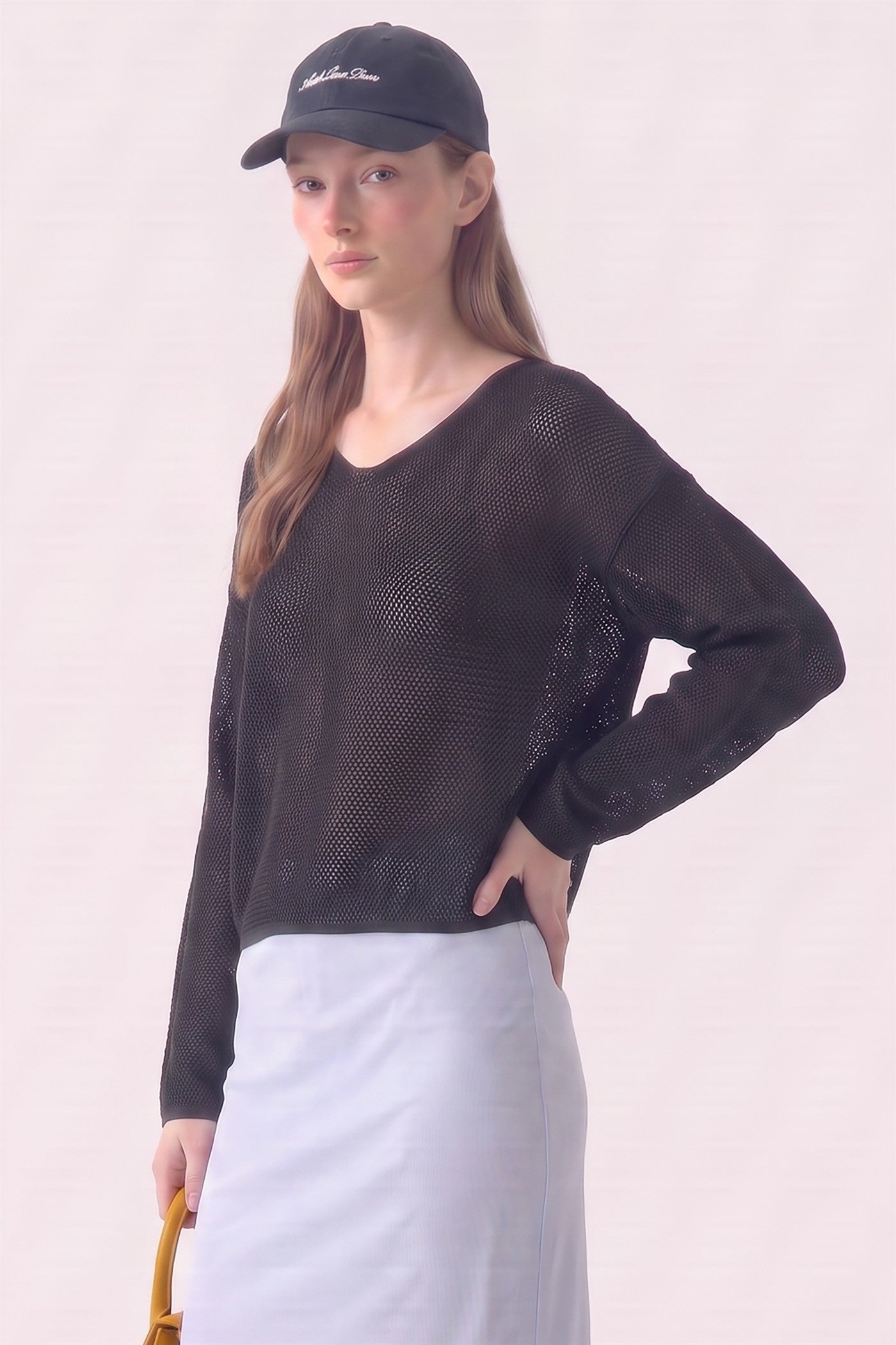 Cotton Open Knit V-Neck Bell Sleeve Sweater