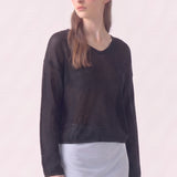 Cotton Open Knit V-Neck Bell Sleeve Sweater