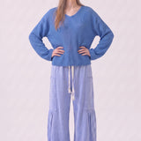 Cotton Open Knit V-Neck Bell Sleeve Sweater