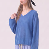 Cotton Open Knit V-Neck Bell Sleeve Sweater