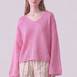 Cotton Open Knit V-Neck Bell Sleeve Sweater
