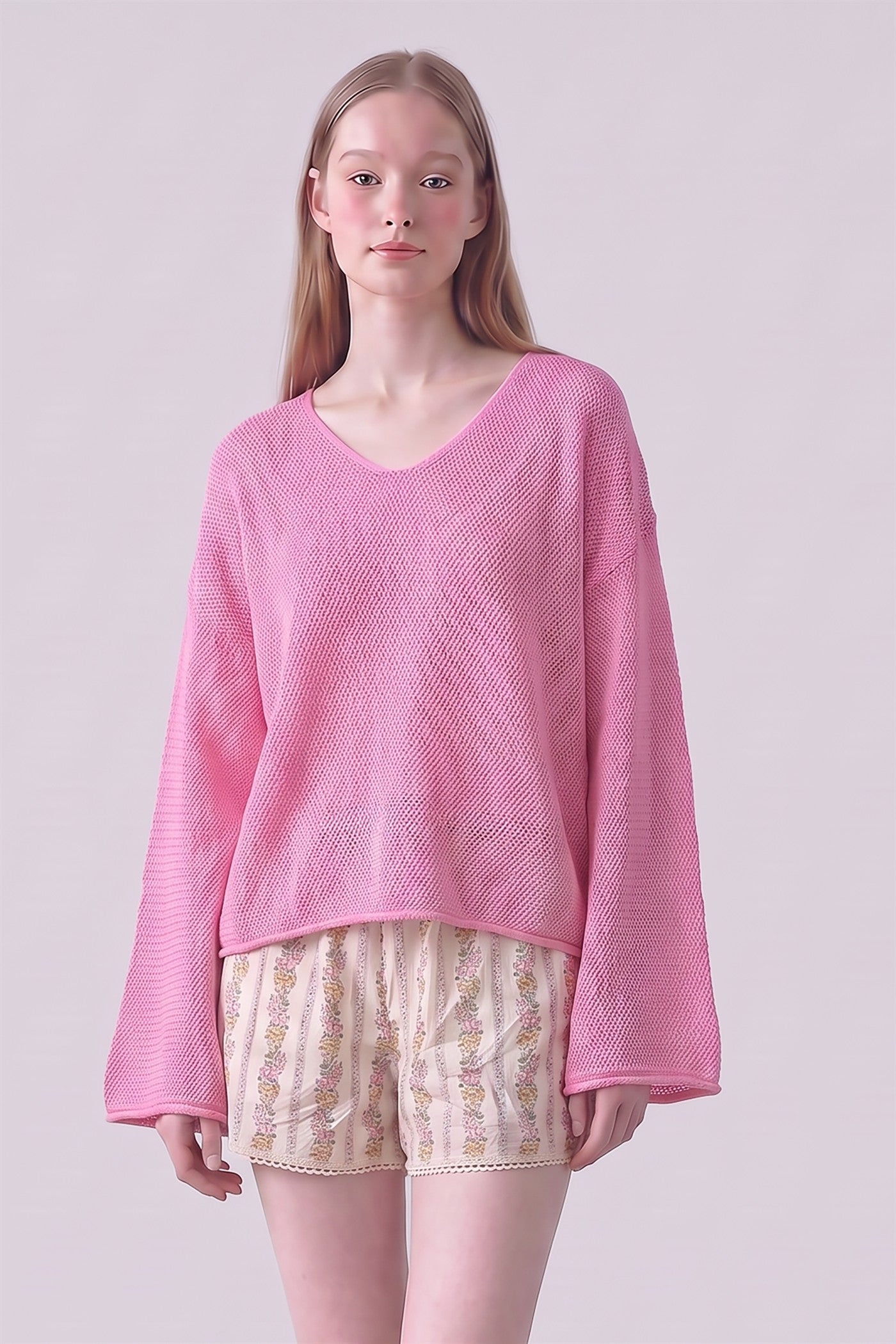 Cotton Open Knit V-Neck Bell Sleeve Sweater