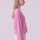 Cotton Open Knit V-Neck Bell Sleeve Sweater