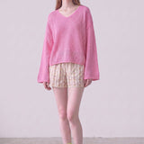Cotton Open Knit V-Neck Bell Sleeve Sweater