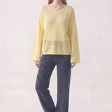 Cotton Open Knit V-Neck Bell Sleeve Sweater