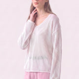 Cotton Open Knit V-Neck Bell Sleeve Sweater