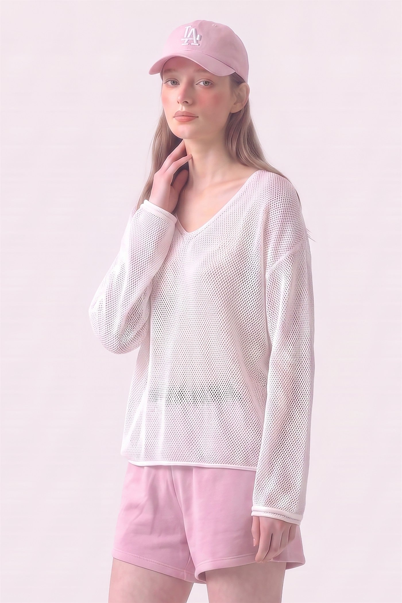 Cotton Open Knit V-Neck Bell Sleeve Sweater