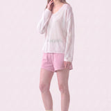 Cotton Open Knit V-Neck Bell Sleeve Sweater