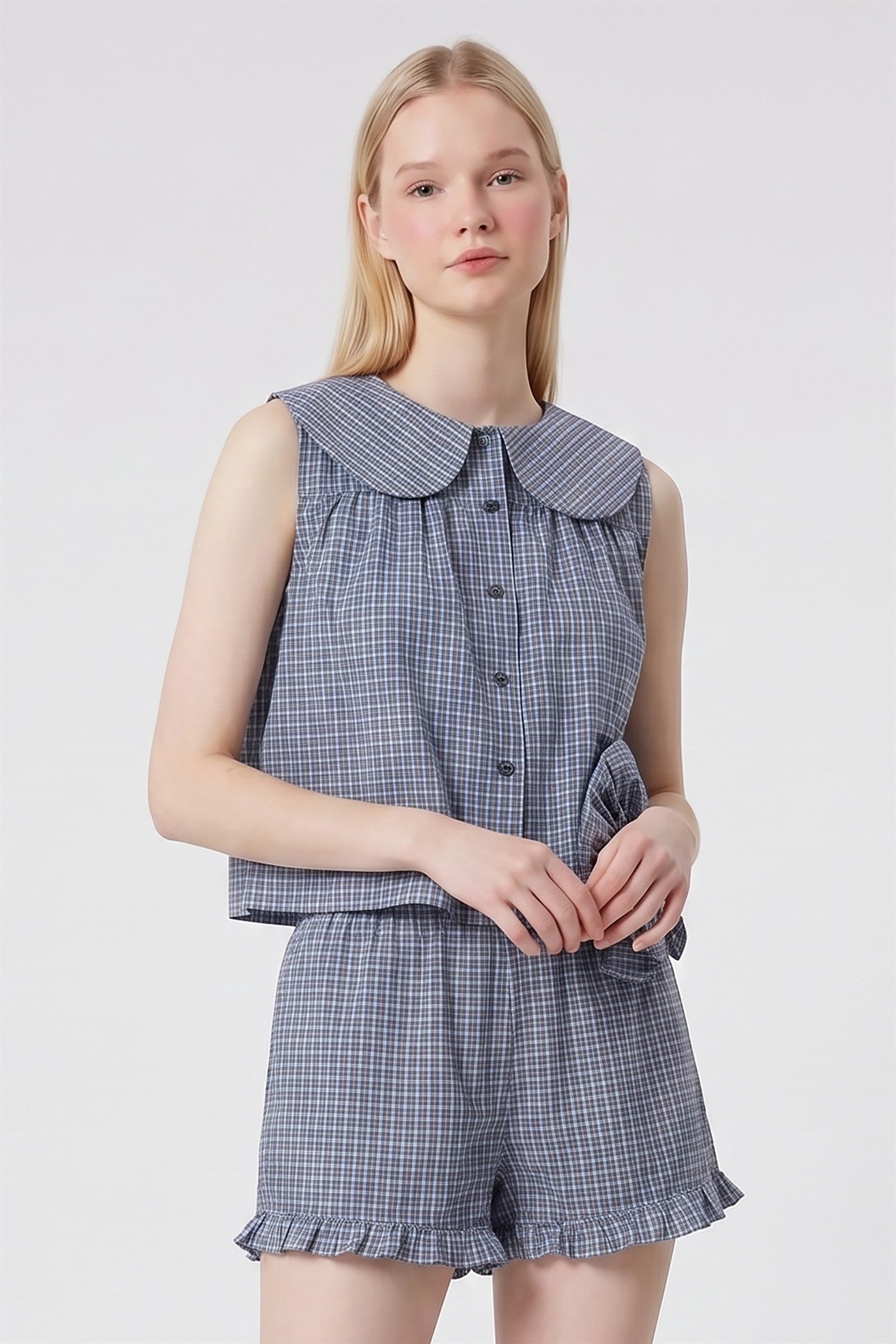 Check Peter Pan Collar Ruffle Pajama Set